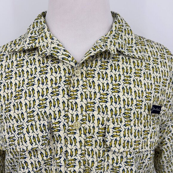 Joe Marlin Mens Large Short-Sleeve Button-Up Shirt Marlin Fish Print Yellow Blue - Picture 1 of 8